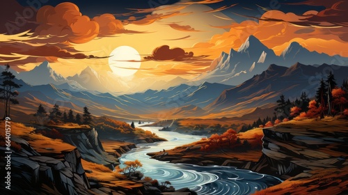 An untamed masterpiece, with swirling strokes of water and misty clouds cascading through a mountainous landscape at sunrise, as a river runs wild through the ravine below