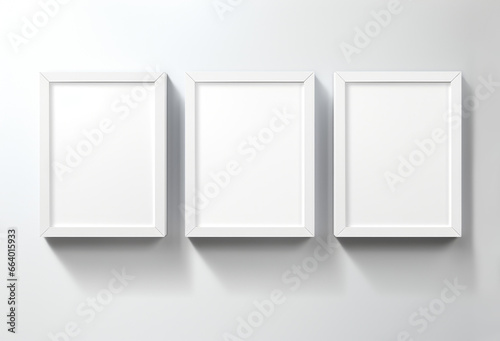 three white empty three-dimensional frames on a white wall