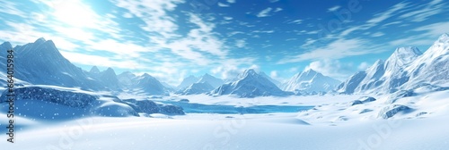 vast desolated snow land, big mountains in the background, snowfall with light blue sky and light blue colors, peaceful atmosphere.