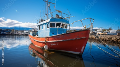 Red fishing boat docked in a port