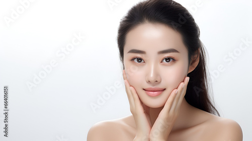 Young Chinese woman with gentle smile, using popular Korean makeup, has her hands on her face , skincare ad concept, isolated on a white background