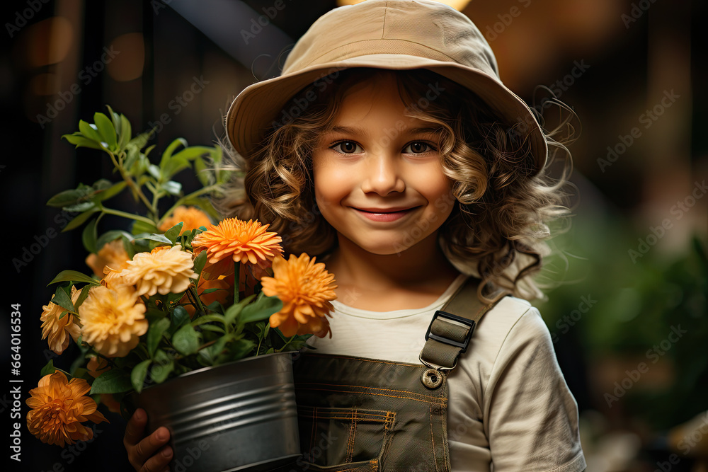 cute kid gardener holding a flower pot, generative ai