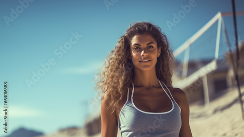 slim beautiful woman on the beach in a light T-shirt sincerely smiles