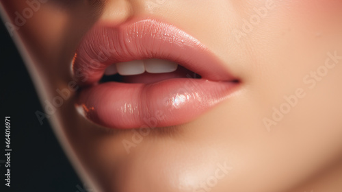 beautiful plump soft pink female lips close-up with a slightly open mouth that adds even more seduction