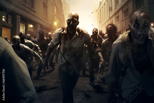 group of zombies running on city street at morning. Neural network generated image. Not based on any actual person or scene.