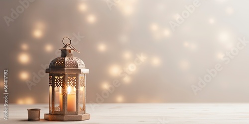 Celebration of islamic eid mubarak and eid al adha lantern in a light background. © ABGoni