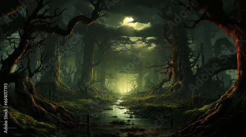 As the moon rises above the forest  a stream weaves through the darkened landscape  its gentle flow reflecting the wildness of nature amidst the sturdy trees and rustic fence