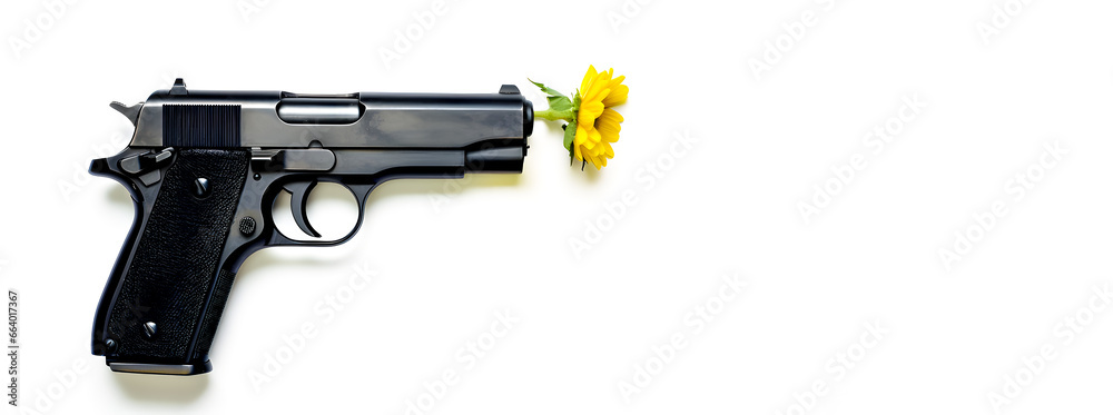 A gun shooting a yellow daisy on a white background. Space for text.