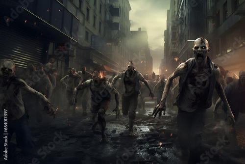 Group of zombies running on city street at evening. Neural network generated image. Not based on any actual person or scene.