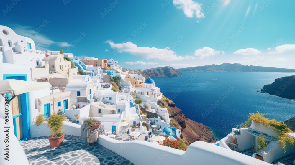 Obraz premium Exploring the breathtaking beauty of Santorini, Greece with its iconic white-washed buildings.