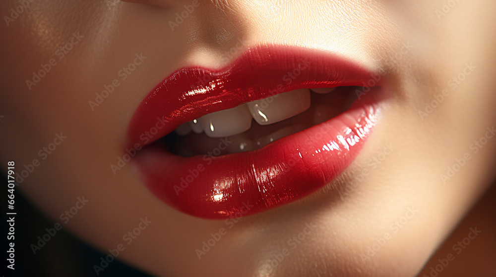 Fototapeta premium beautiful plump red female lips close-up with a slightly open mouth that adds even more seduction
