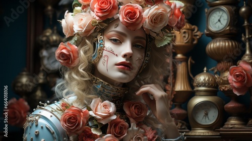 A woman adorned with a crown of roses gazes upon a vase filled with vibrant flowers, as time ticks by and a stoic statue stands guard in an enchanting indoor oasis