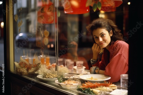 Woman sitting in cafe  seen through glass  eating sushi