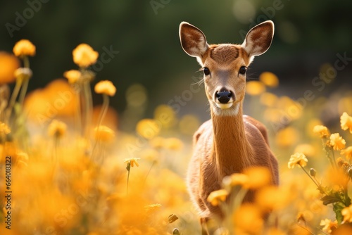 Female roe deer with beautiful flower. © ABGoni