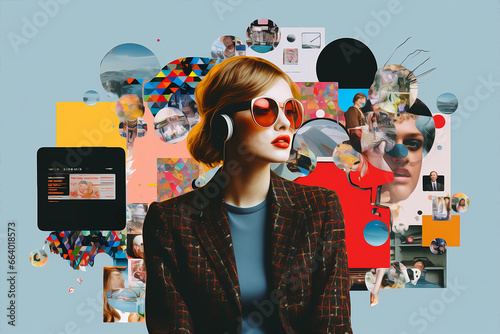 collage portrait of a woman overwhelmed by virtual connections and or overthinking, mental health concept theme