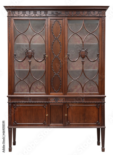 An antique brown wood glass display cabinet. Isolated on a white background.