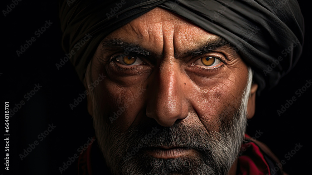 Close-up close-up of Arab man with black turban on his head Close-up close-up of Arab man with black turban on his head