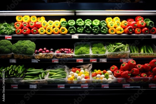 Fruits and vegetables on shop stand in supermarket grocery store. photo