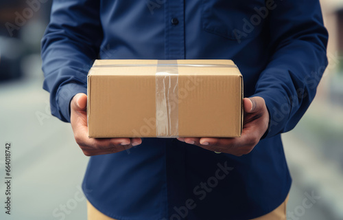 Delivery man holding a parcel in his hands. Close up of a delivery man holding a box © Tida