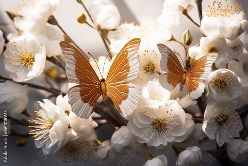 Goden butterflies with white flowers.