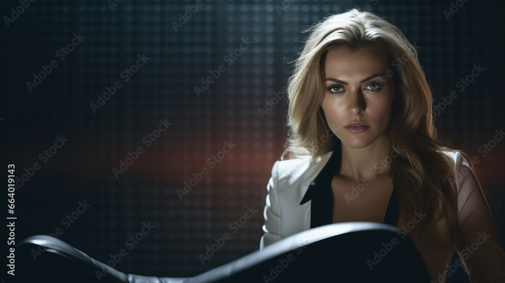 beautiful young blonde in dramatic lighting sitting in front of an empty chair in a dark room