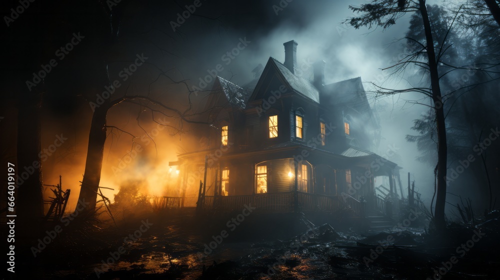 A mystical mist shrouds the outdoor landscape as a fiery blaze engulfs a house, silhouetted against the dark night sky, while a lone tree stands witness to the chaos