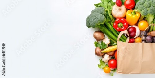 Healthy food in paper bag vegetables and fruits on white background.