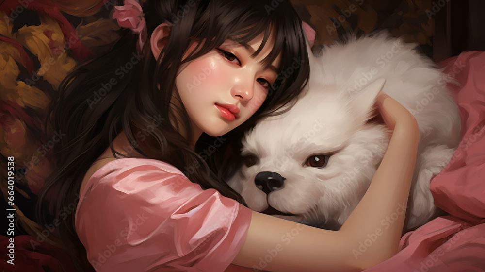 Young Chinese woman in a pink pair of pajamas holding a fluffy toy white dog Young Chinese woman in a pink pair of pajamas holding a fluffy toy white dog