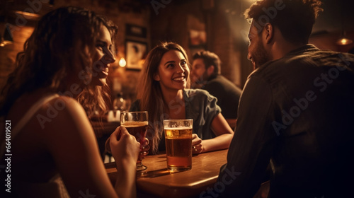 copy space, stockphoto, students in a bar drinking beer or wine. Young adult people in a pub gathering together. Togetherness. Student life. Enjoyment of young adults in a cafe.