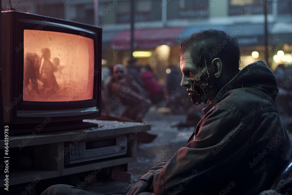 zombie watching old TV outside in the neighborhood street at sunset. Neural network generated image. Not based on any actual person or scene.