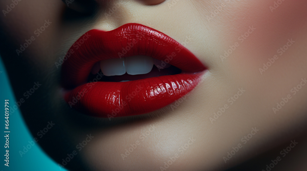 Fototapeta premium beautiful female mouth, which is slightly open and snow-white teeth are visible, and passionate lips with red lipstick close-up