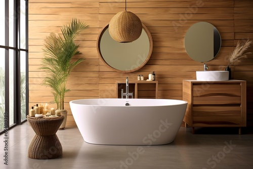 Interior of stylish bathroom with wooden cabinet  sink  bathtub  and mirror.