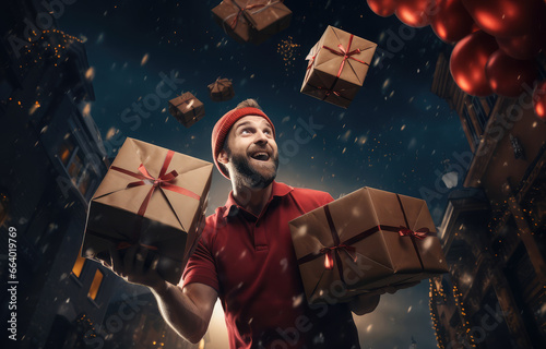 Surprised delivery man in red cap and red t-shirt with christmas gifts on urban background