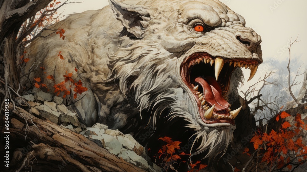 Fototapeta premium A fierce wolf with blazing red eyes stands proudly in an outdoor painting, its fangs bared in a wild roar, embodying the untamed spirit of both animal and dinosaur in a mesmerizing display of art