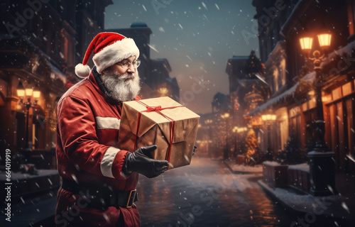 Santa Claus holding a gift box against snowy street in a snowy city © Tida