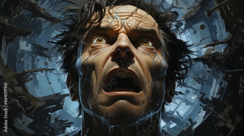 A hauntingly captured moment frozen in time, the man's wet locks and startled gaze mirror the chilling terror depicted in this macabre artwork