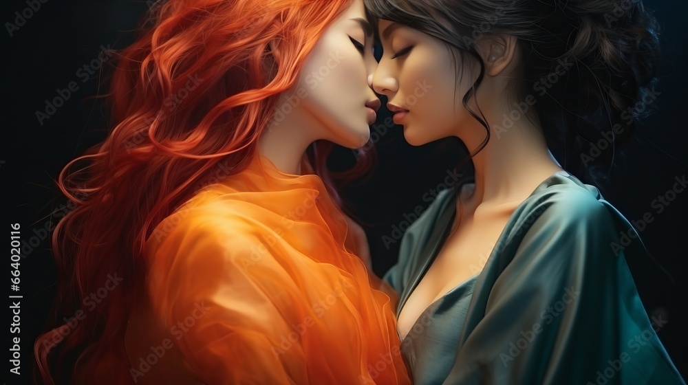 A passionate embrace between two bold and daring women, their fiery red and vibrant orange hair entwined as they share a tender kiss, adorned in fashionable clothing and adorned with delicate wings