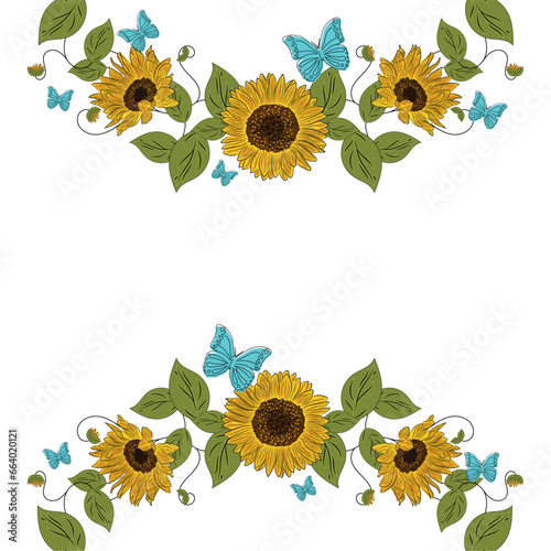 Fototapeta Naklejka Na Ścianę i Meble -  Colored sunflower frame Flower border Vector illustration