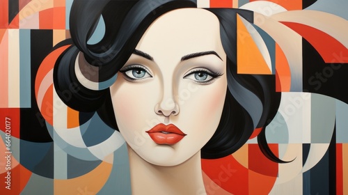 A vibrant, abstract illustration of a sultry woman with fiery red lips and piercing blue eyes, gracing a bold fashion poster with her captivating beauty © Envision