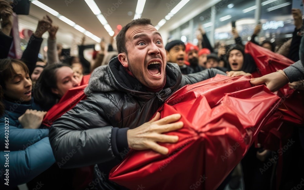 Fototapeta premium A crowd of people jostle to grab discounted clothes in a shopping center. Black Friday Sale.