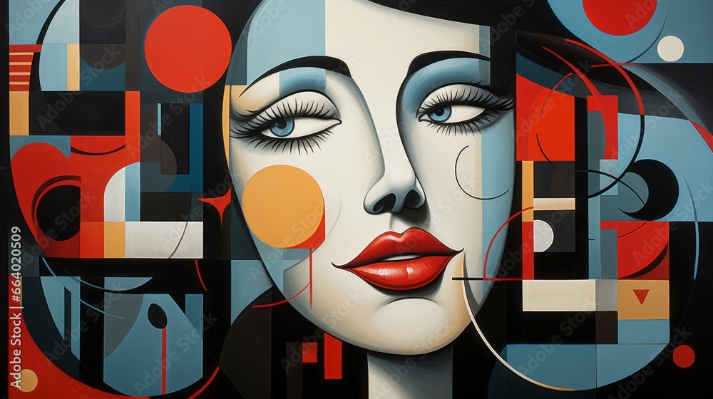 A vibrant illustration of a woman's face, adorned with bold lipstick, bursts with artistic energy in this captivating painting that seamlessly blends cartoon-like graphics and classic art style