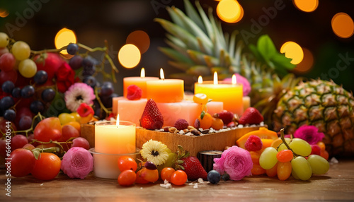 Incense stick burned in a pot of Fruit  buddhism pray Chinese new year festival decorations. Woman hand holding pow or red packet  orange and gold ingots on a red background. Chinese characters FU mea