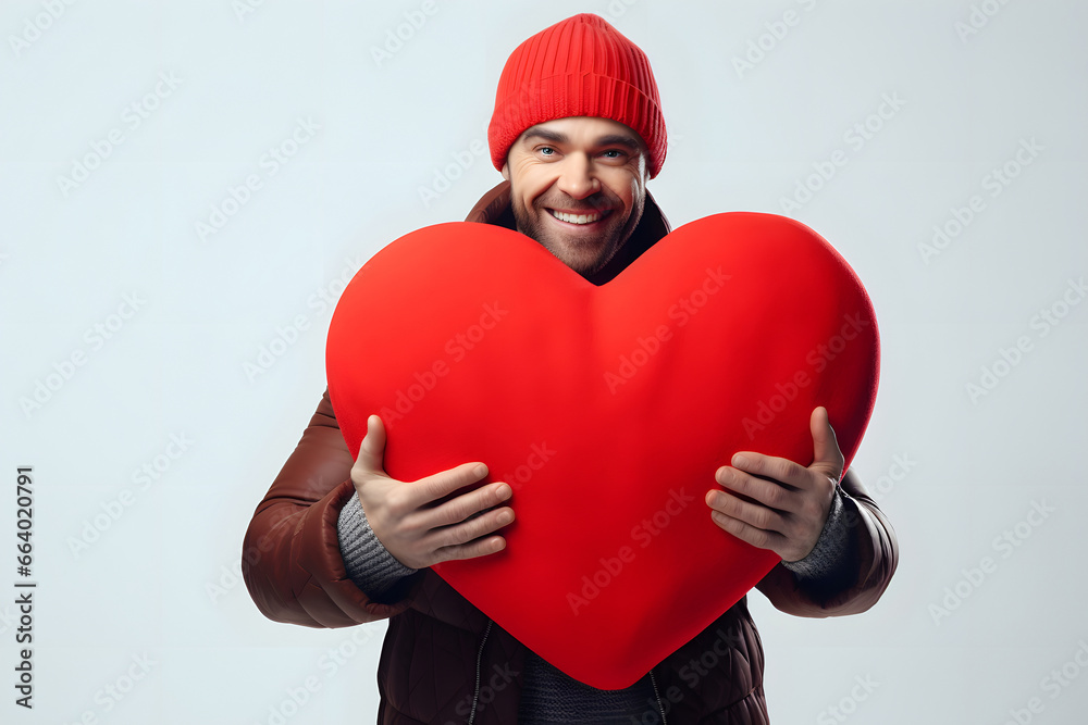 Caucasian man in red hat holding big red heart on white background. Not based on any actual person or scene Caucasian man in red hat holding big red heart on white background. Not based on any actual person or scene
