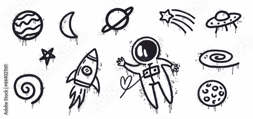 Vector collection of space objects and symbols, as well as an astronaut, hand-drawn in graffiti style. Graffiti Street art