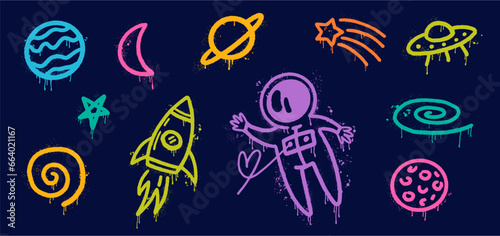 Vector collection of space objects and symbols, as well as an astronaut, hand-drawn in graffiti style. Graffiti Street art