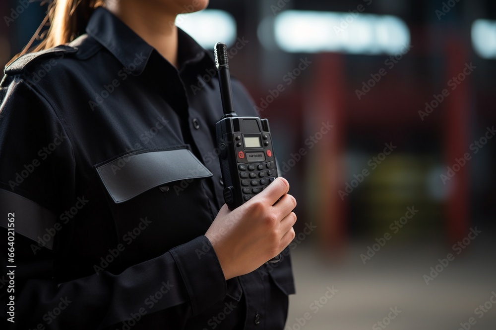 security guard holding portable walkie-talk, security guard with walkie ...