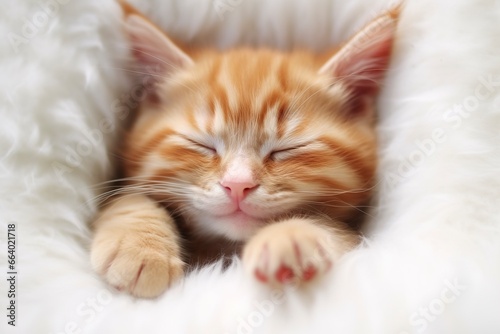 Red kitten, cat sleeping cute on white fur. © ABGoni
