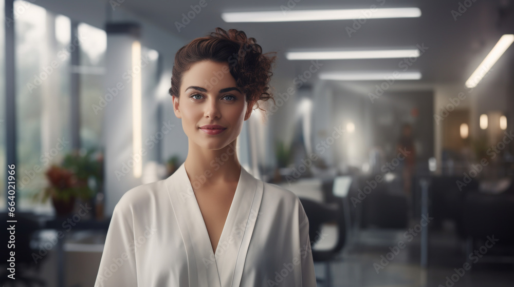 a beautiful woman in a white housecoat in a large office space - obrazy, fototapety, plakaty 