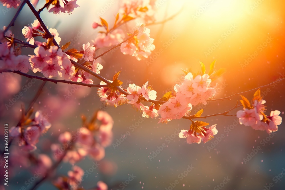 Spring blossom background. Nature scene with blooming tree and sun flare.