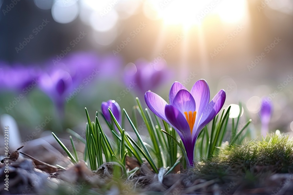 Spring purple crocus flower. - obrazy, fototapety, plakaty 